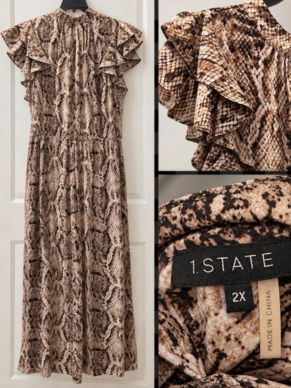 1.STATE Snakeskin Print Ruffle Sleeve Jumpsuit – Size 2X